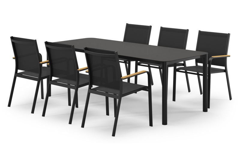 Mira rechthoekige afgeronde tuinset in zwart aluminium en sintered stone notte minerale met 6 Amalfi tuinstoelen