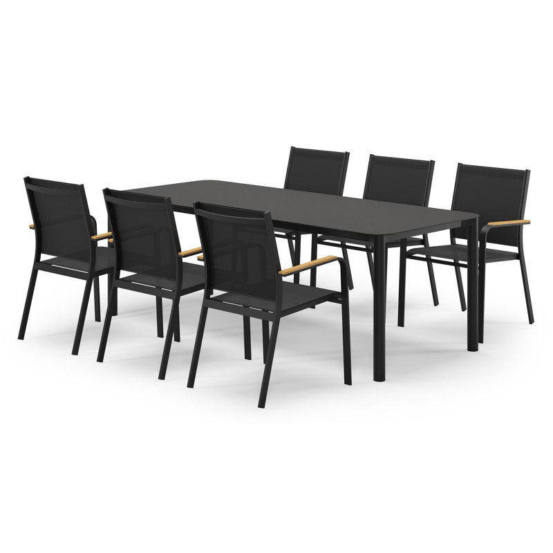 Mira ensemble de jardin rectangulaire arrondi en aluminium noir en sintered stone notte minerale avec 6 chaises de jardin Amalfi