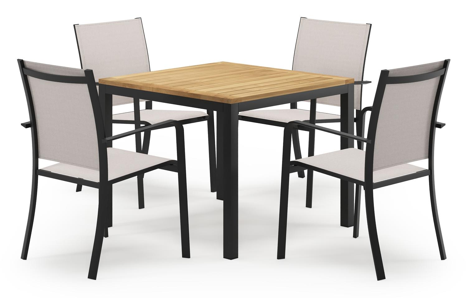 Feltro ensemble de jardin carré en aluminium noir en teck natural finish avec 4 chaises de jardin Calobra