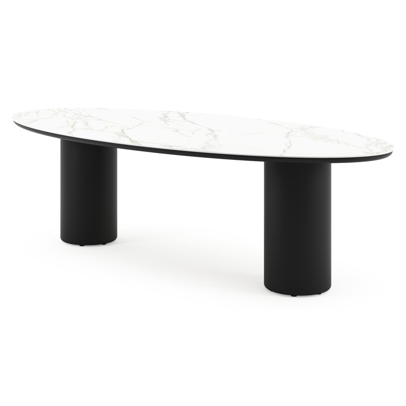 Table de jardin Amico oval en aluminium noir et céramique pleine Calacatta - Lg. 260 x Lrg. 125 x Haut. 74 cm