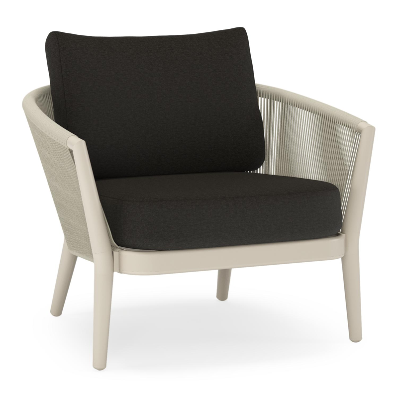 Fauteuil de jardin Orso en aluminium beige en corde ronde tissée verticalement beige et coussins en all weather sunbrella® luxe Heritage char