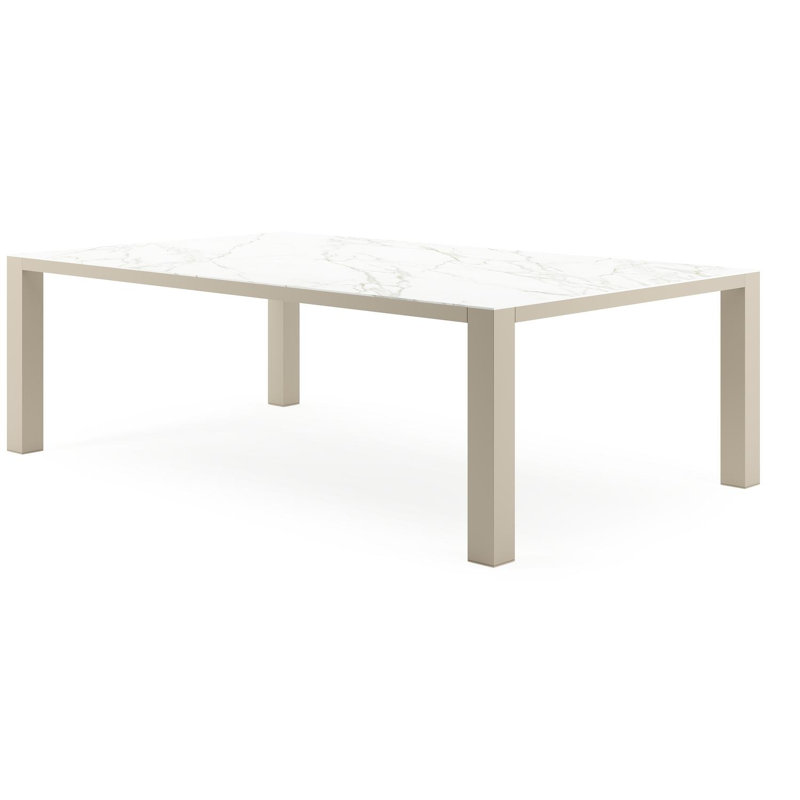 Table de jardin Nano XL rectangulaire en aluminium beige et céramique pleine Calacatta - Lg. 240 x Lrg. 148 x Haut. 75 cm