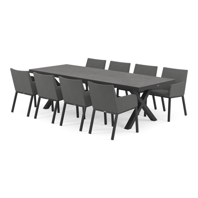 Reza tuinset in zwart aluminium en grijs volkeramiek tafelblad met 8 Rivo tuinstoelen