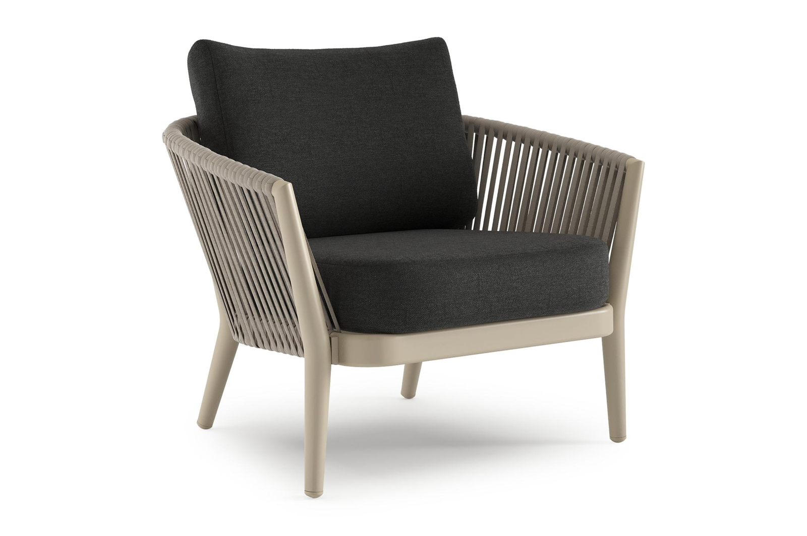 Orso loungestoel in beige aluminium en verticaal geweven ronde rope met chartres sooty all weather sunbrella® luxe kussen