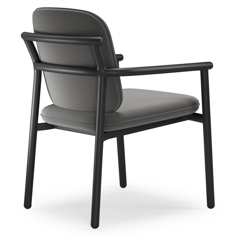 Bono stapelbare tuinstoel in zwart aluminium met stoelkussen in All Weather Sunbrella® Luxe Natte Charcoal Chine