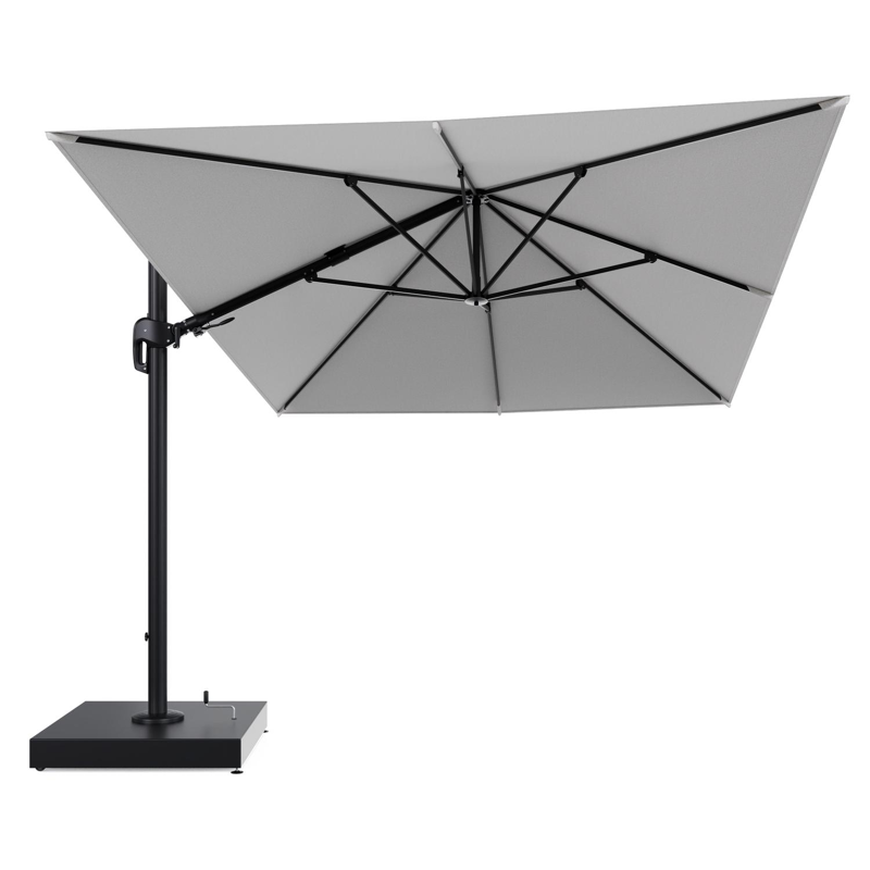 Rufina zweefparasol met tiltfunctie in zwart aluminium en Ego Birch All Weather Solica parasoldoek - L1 400 x L2 300 cm met parasolvoet Minore 260 kg met wielen