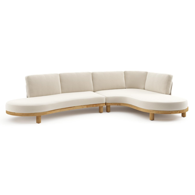 Donato loungehoek in teak en beige verticaal geweven ronde rope met all weather cosytica Althea Off White kussen