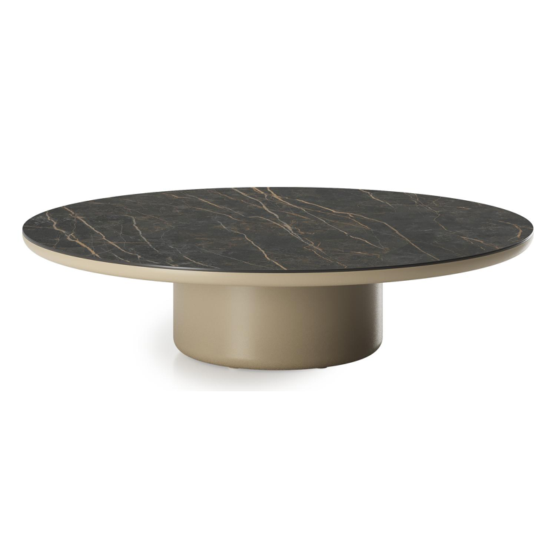 Table de basse Amico ronde en aluminium beige et céramique pleine Black Obsession - Diam. 110 x Haut. 28 cm