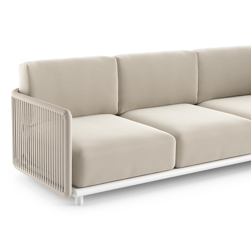Organo loungehoek in wit aluminium en beige verticaal geweven luxe vlakke rope met lopi marble all weather sunbrella® luxe kussens