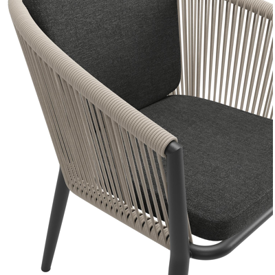Orso tuinstoel in zwart aluminium en beige verticaal geweven ronde rope met kussen in chartres sooty all weather sunbrella® luxe
