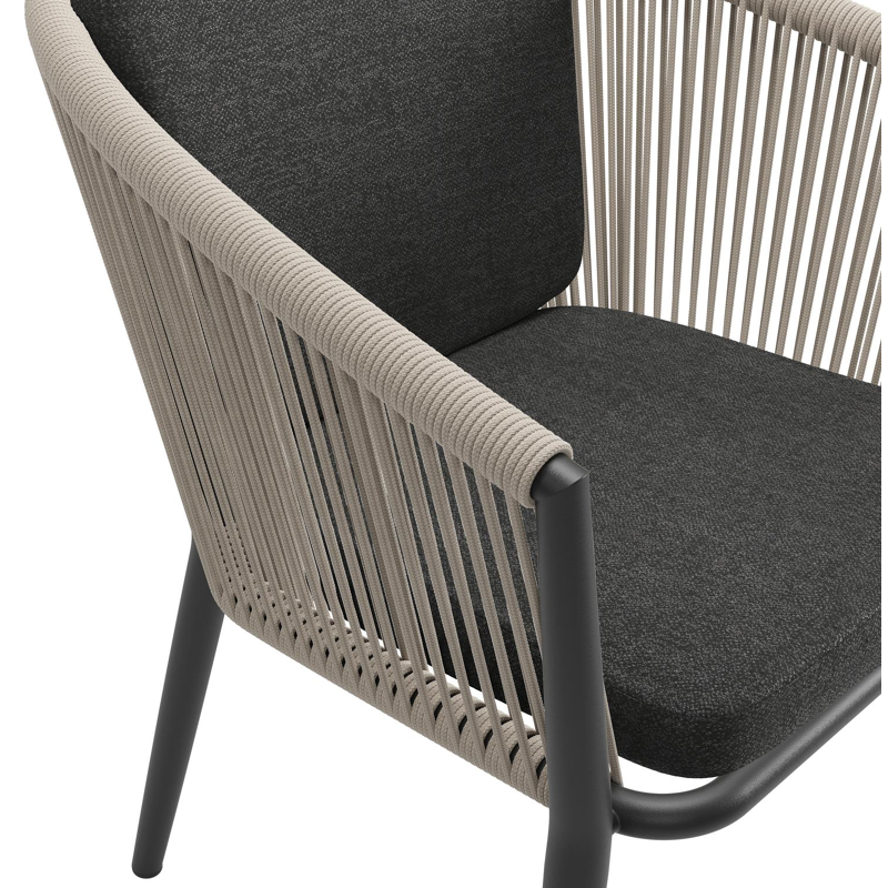 Orso tuinstoel in zwart aluminium en beige verticaal geweven ronde rope met kussen in chartres sooty all weather sunbrella® luxe