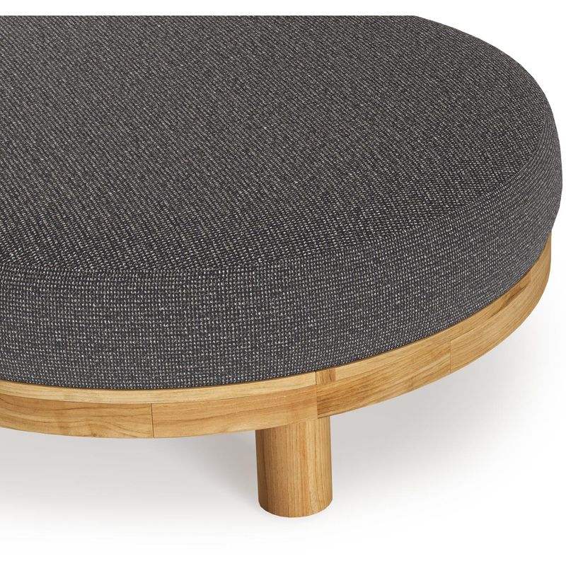 Donato lounge poef in teak en beige verticaal geweven ronde rope met all weather solica Firenze Tunder kussen