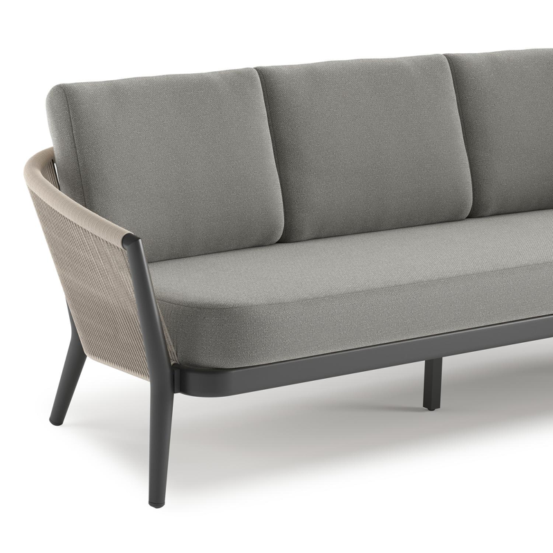 Orso loungebank in zwart aluminium en beige verticaal geweven ronde rope met Savane Zinc all weather sunbrella® luxe kussen