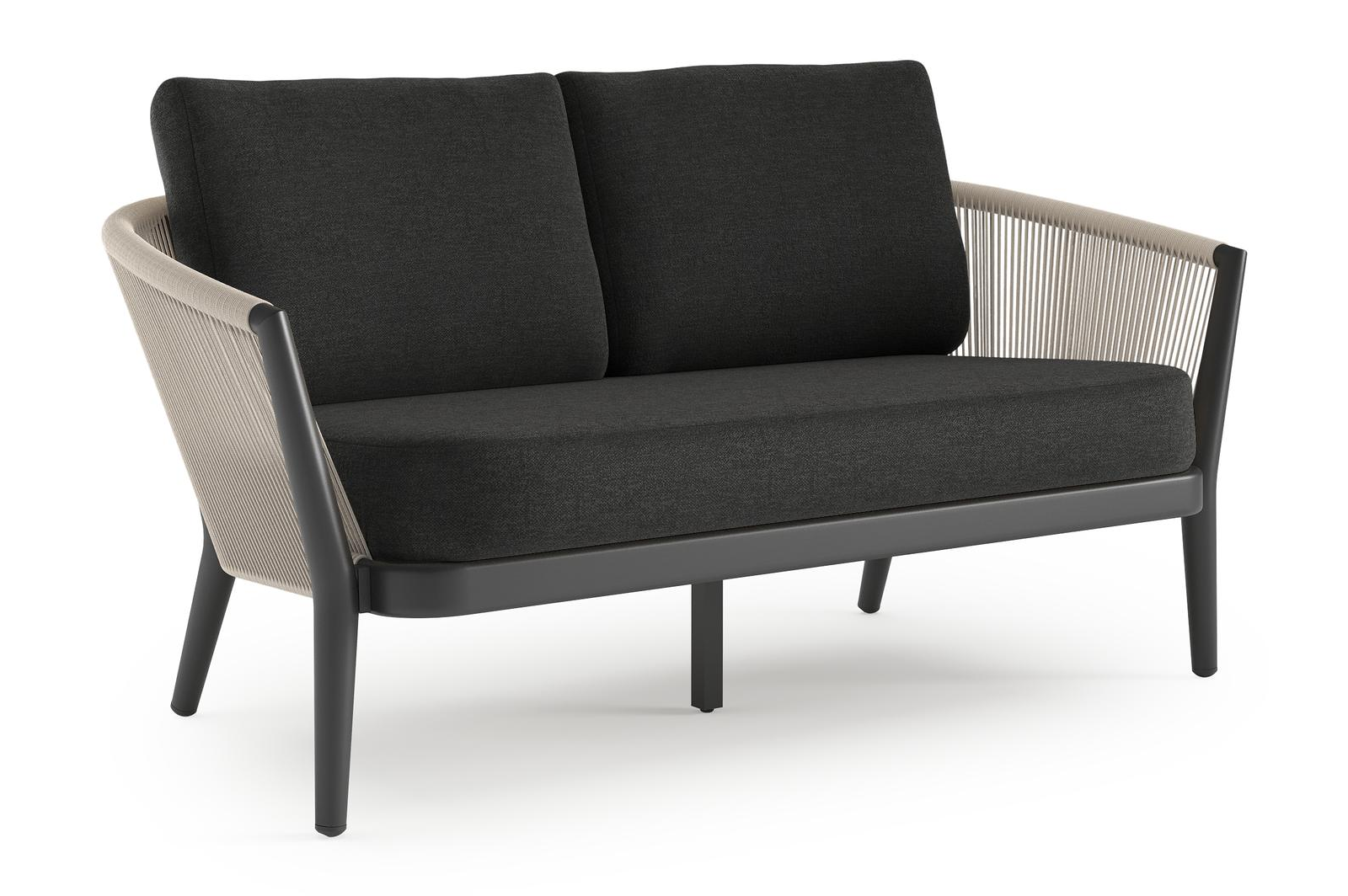 Canapé de jardin Orso en aluminium noir en corde ronde tissée verticalement beige et coussins en all weather sunbrella® luxe Chartres Sooty