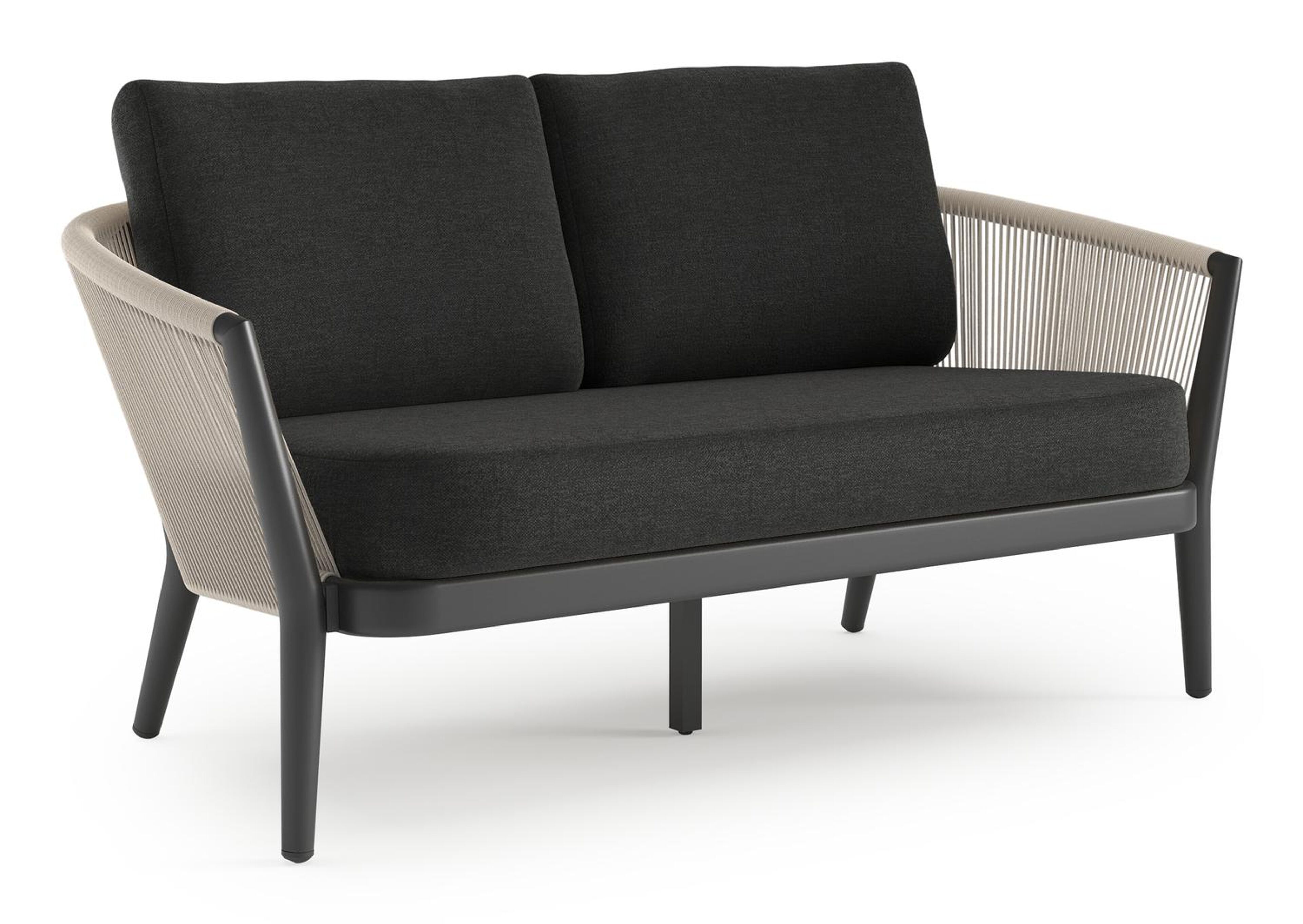 Orso loungebank in zwart aluminium en beige verticaal geweven ronde rope met Chartres Sooty all weather sunbrella® luxe kussen