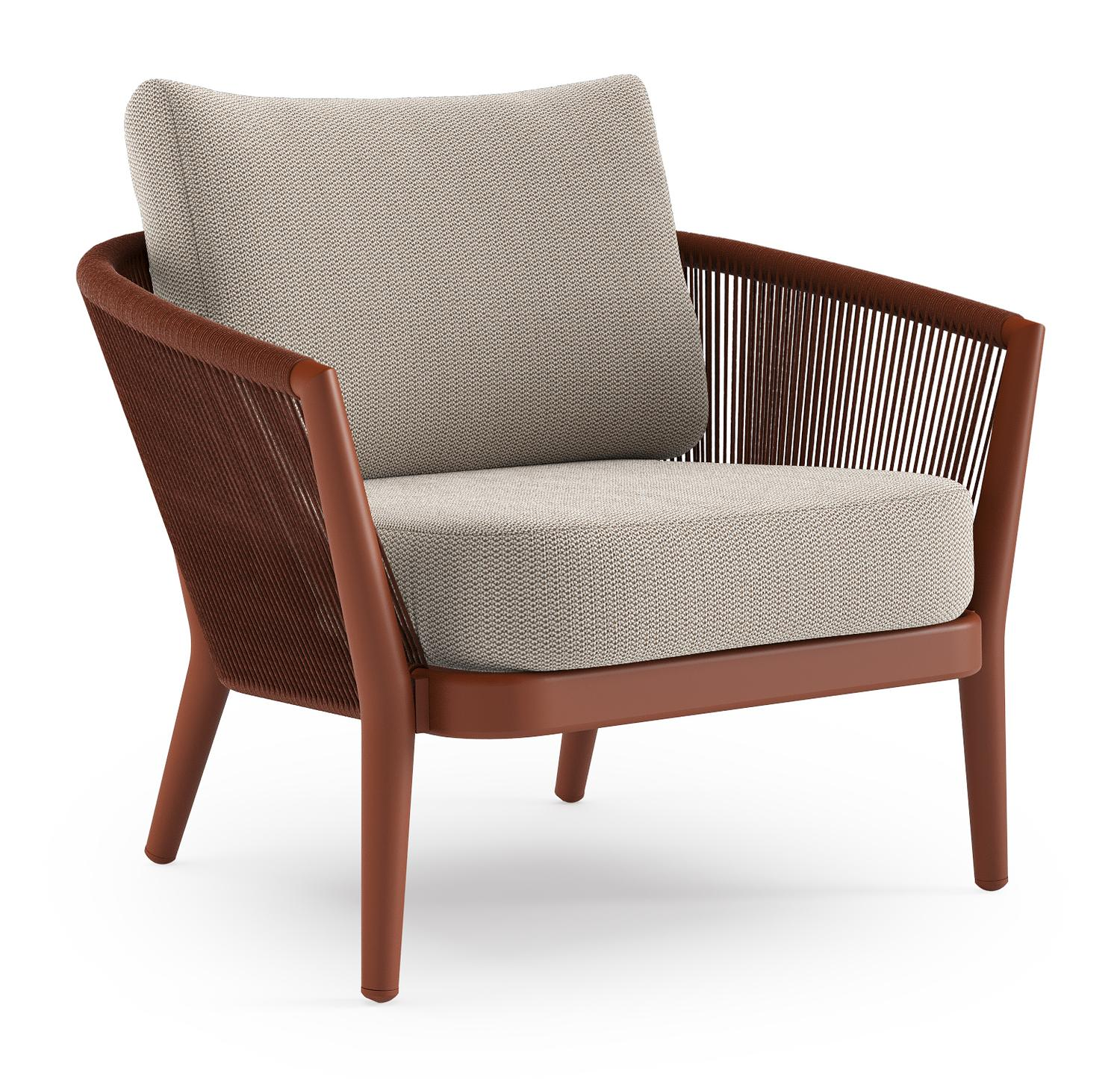 Orso loungestoel in roestbruin aluminium en roestbruin verticaal geweven ronde rope met Lopi Fossil all weather sunbrella® luxe kussen