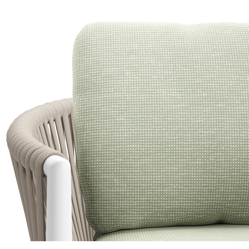 Organo tuinstoel in wit aluminium en beige verticaal geweven luxe vlakke rope met zitkussen in All Weather Sunbrella® Luxe Slow Spirea