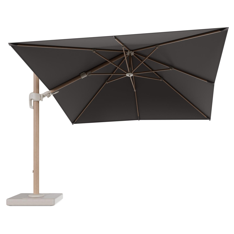 Rufina zweefparasol tiltfunctie in houtlook aluminium en parasoldoek in All Weather Sunbrella® Luxe Natte Nature Grey - L1 300 x L2 300 cm met parasolvoet Lapido 160 kg