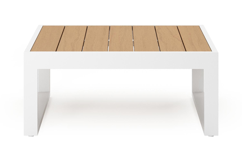 Table basse Caldela en blanc aluminium et polywood - Lg. 70 x Lrg. 70 x Haut. 30.5 cm
