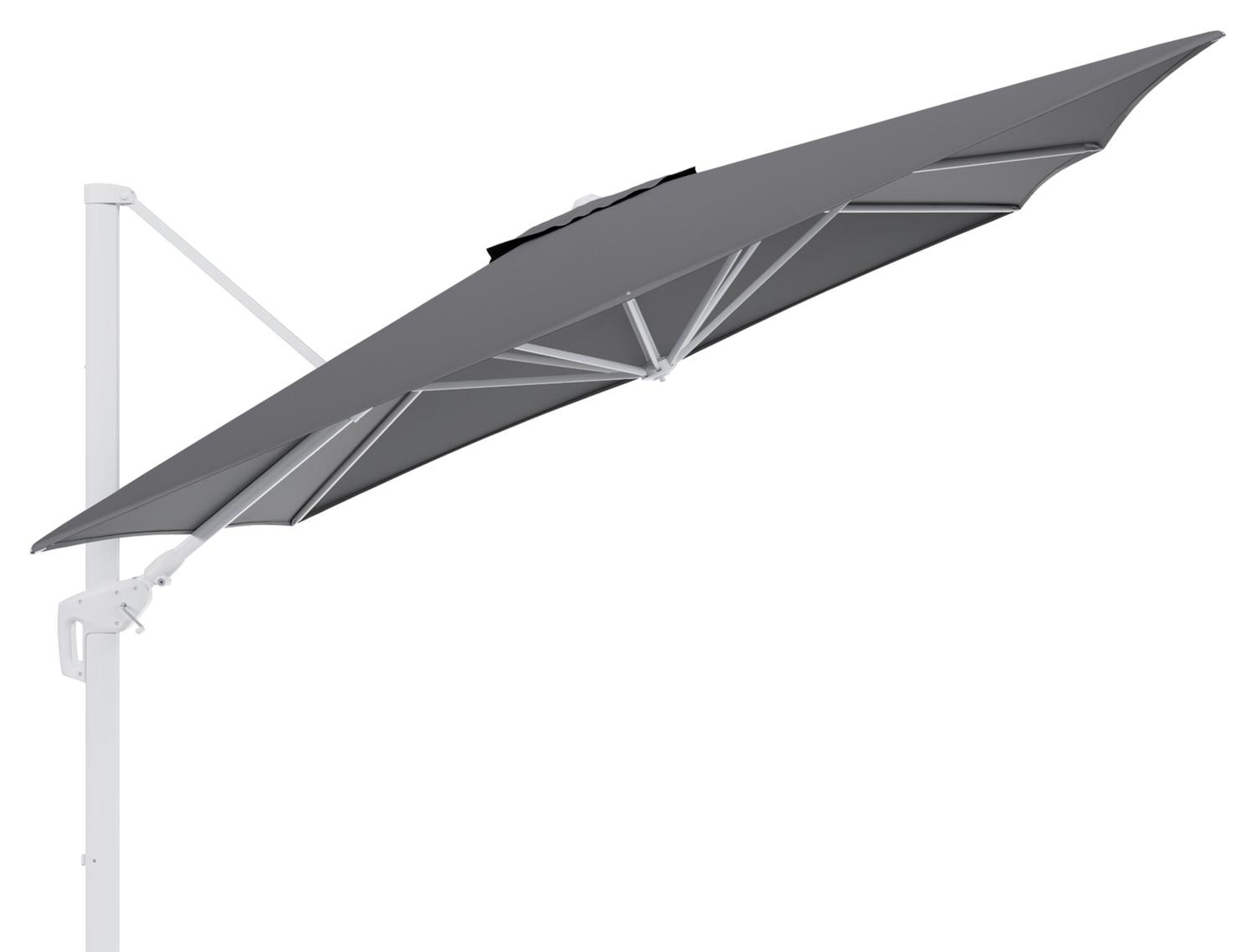 Parasol pendant Minore avec fonction tilt en aluminium blanc avec toile de parasol en all weather sunbrella® luxe natte charcoal chine - Larg1 350 x Larg2 350 cm (sans pied de parasol)