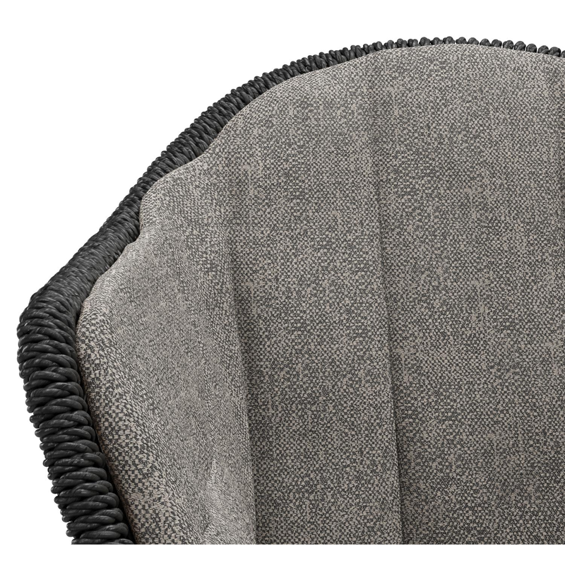 Pagino tuinstoel in zwart aluminium en zwart ronde wicker met zitkussen in All Weather Sunbrella® Luxe Chartres Drizzle