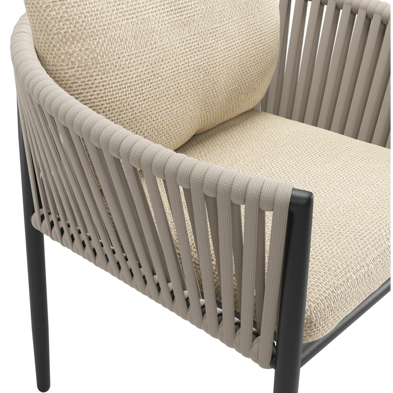 Organo tuinstoel in zwart aluminium en beige verticaal geweven luxe vlakke rope met zitkussen in All Weather Cosytica Althea Camel