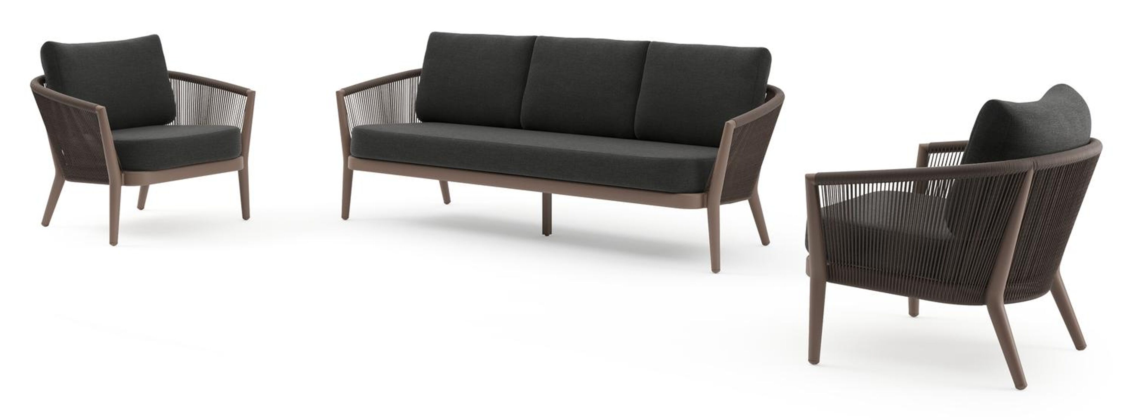 Salon de jardin Orso en aluminium taupe en corde ronde tissée verticalement noir et coussins en all weather sunbrella® luxe Chartres Sooty