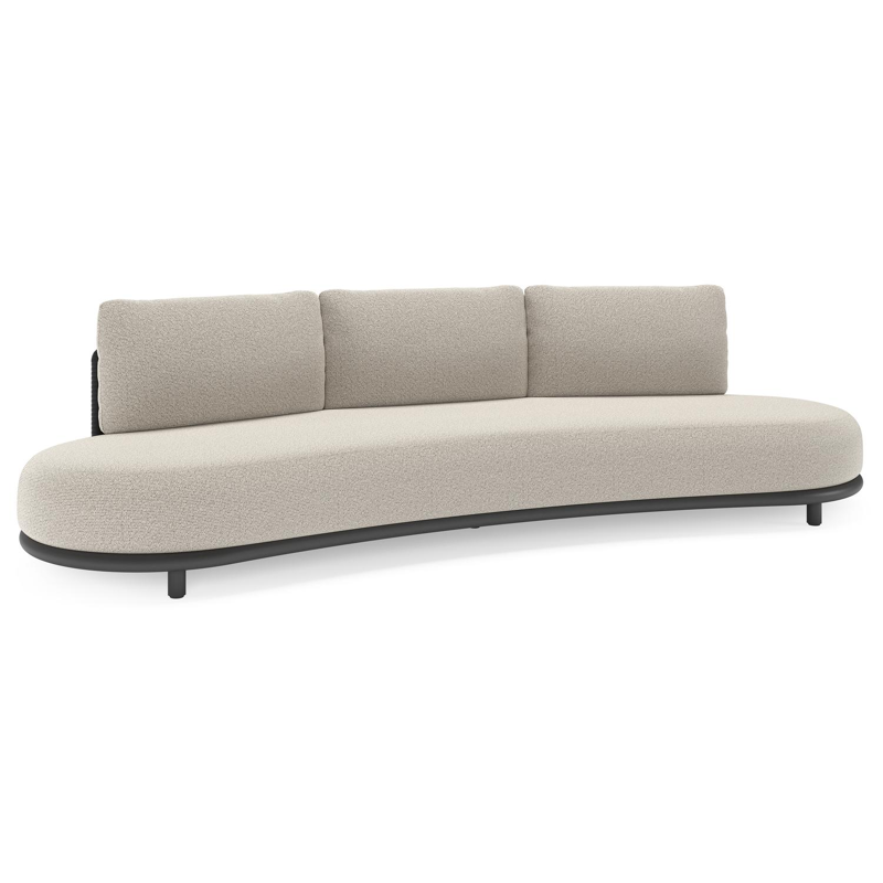 Canapé de jardin Lomano en aluminium noir et corde luxe plate tissée verticalement noir et coussins en all weather solica firenze sand