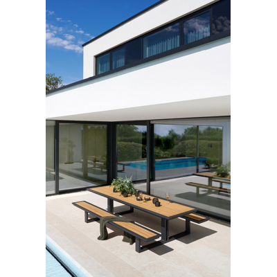 Merano picknicktafel in zwart aluminium en teak tafelblad - L 300 x B 181 x H 73 cm