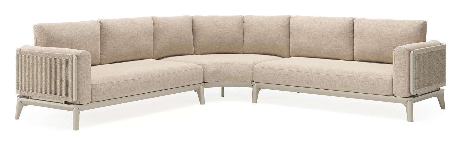 Salon de jardin d'angle Mosa en aluminium beige et résine tressée torsadée beige et coussins en weather+ softtouch rustic