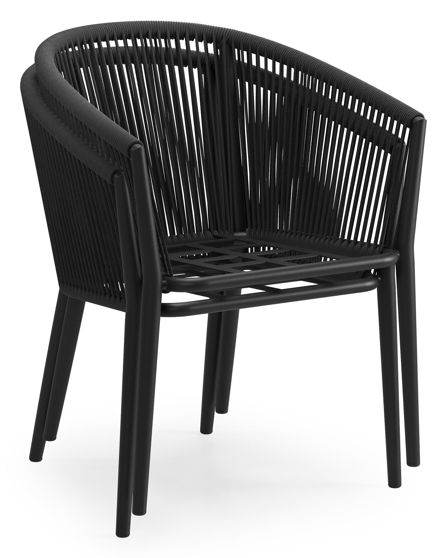 Chaise de jardin Orso en aluminium noir et corde ronde tissée verticalement noir avec coussin luxe en All Weather Sunbrella® Luxe Chartres Pewter