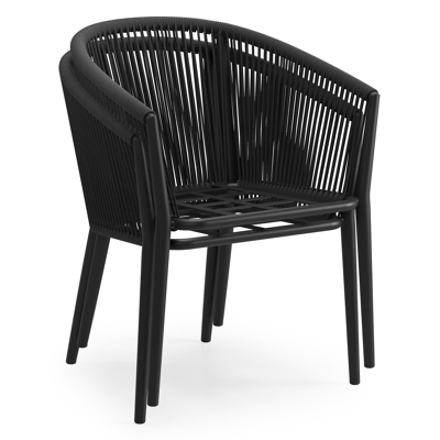 Orso tuinstoel in zwart aluminium en zwart verticaal geweven rope met kussen in chartres sooty all weather sunbrella® luxe