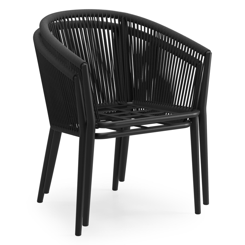 Orso tuinstoel in zwart aluminium en zwart verticaal geweven ronde rope met luxe zitkussen in All Weather Sunbrella® Luxe Chartres Pewter