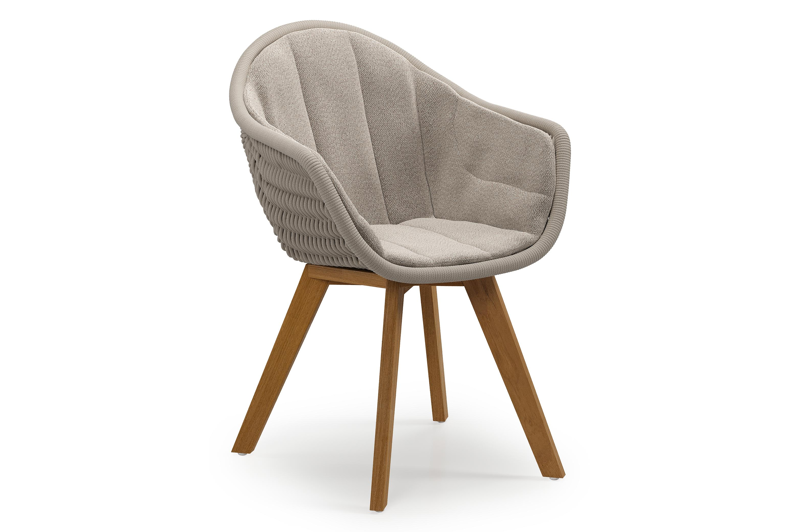 Pagino tuinstoel in teak en beige verticaal geweven ronde rope met zitkussen in All Weather Sunbrella® Luxe Savane Coconut