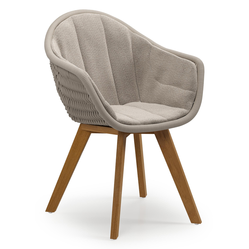 Pagino tuinstoel in teak en beige verticaal geweven ronde rope met zitkussen in All Weather Sunbrella® Luxe Savane Coconut