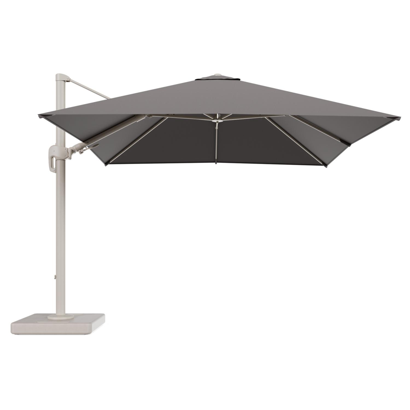 Rufina zweefparasol tiltfunctie in beige aluminium en parasoldoek in All Weather Sunbrella® Luxe Natte Nature Grey - L1 300 x L2 300 cm met parasolvoet Lapido 160 kg