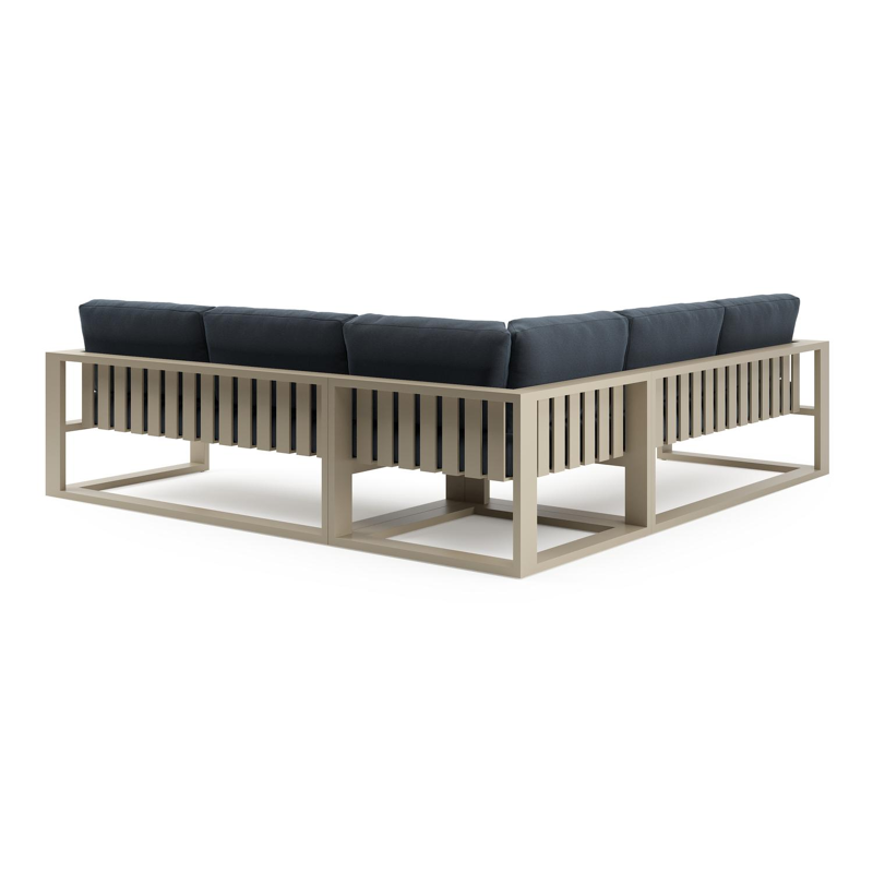 Verato loungehoek in beige aluminium met heritage indigo all weather sunbrella® luxe kussen