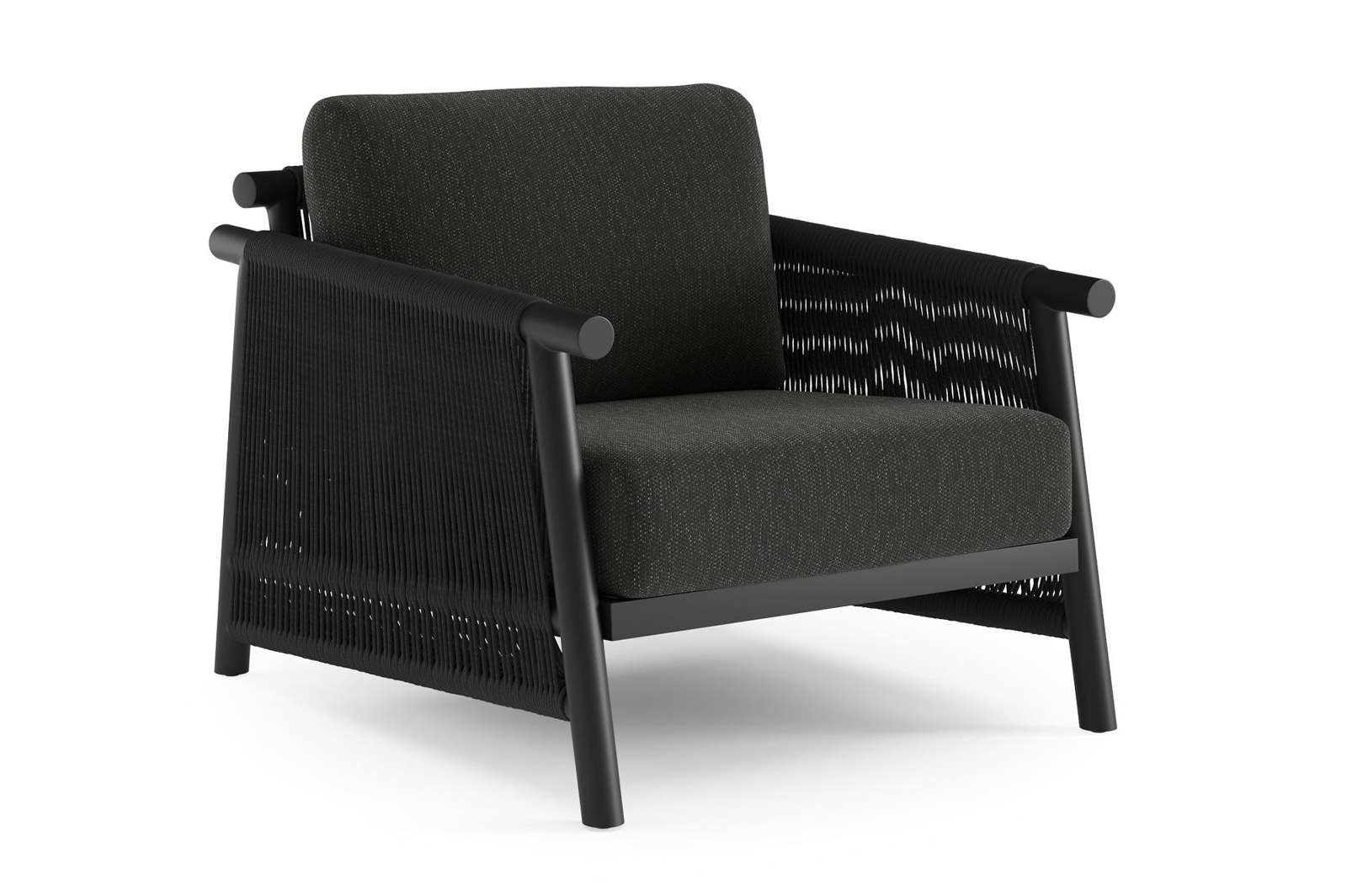 Erla loungestoel in zwart aluminium en zwart verticaal geweven ronde rope met zwart kussen