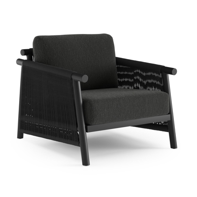 Erla loungestoel in zwart aluminium en zwart verticaal geweven ronde rope met zwart kussen