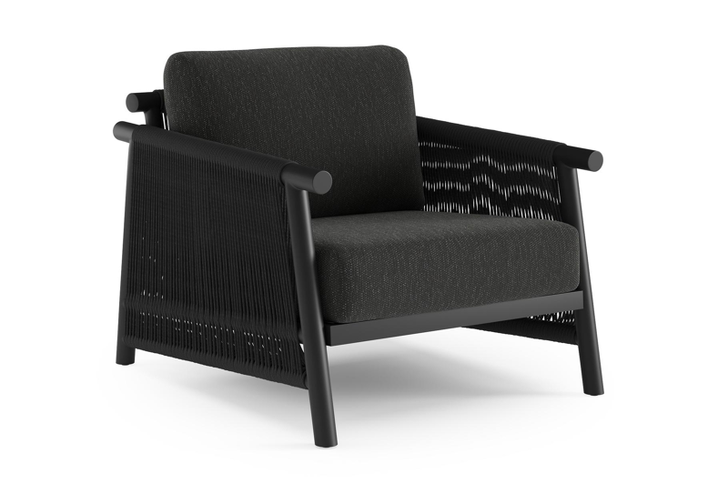 Erla loungestoel in zwart aluminium en zwart verticaal geweven ronde rope met zwart kussen