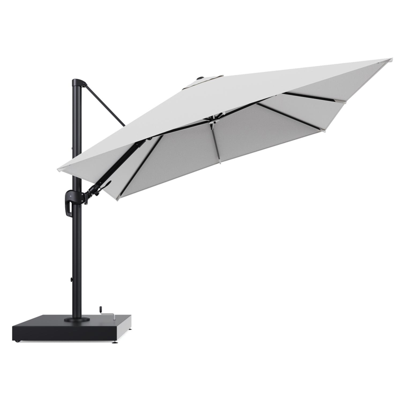 Rufina zweefparasol met tiltfunctie in zwart aluminium en Ego Birch All Weather Solica parasoldoek - L1 300 x L2 300 cm met parasolvoet Minore 260 kg met wielen