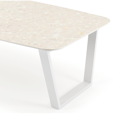 Pagino tuintafel bootvorm in wit aluminium en volkeramiek retrostone - L 255 x B 115 x H 73 cm