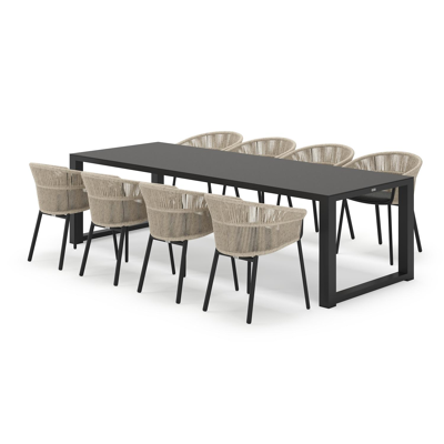 Livo ensemble de jardin rectangulaire en aluminium noir en sintered stone notte minerale avec 8 chaises de jardin Matera