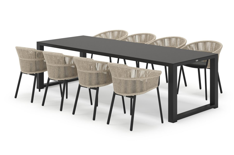 Livo rechthoekige tuinset in zwart aluminium en sintered stone notte minerale met 8 Matera tuinstoelen