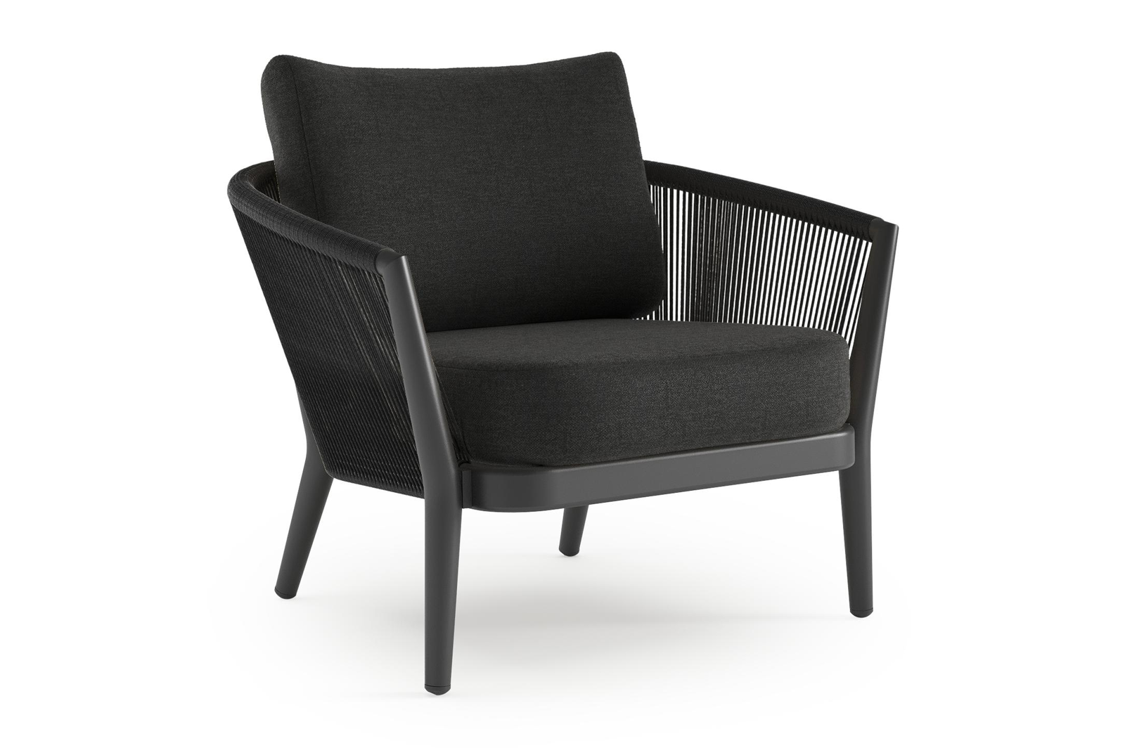 Fauteuil de jardin Orso en aluminium noir et corde ronde tissée verticalement noir et coussins en all weather sunbrella® luxe chartres sooty