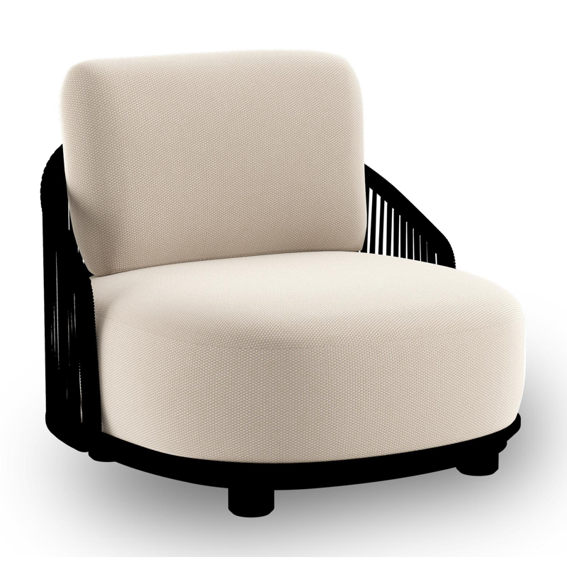 Vadelo loungestoel in zwart aluminium en zwart verticaal geweven ronde rope met lopi antique all weather sunbrella® luxe kussen