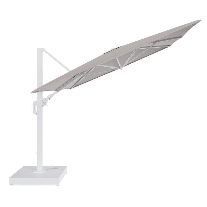 Minore zweefparasol met tiltfunctie in wit aluminium en Wander Granite All Weather Sunbrella® Luxe parasoldoek - L1 400 x L2 300 cm met parasolvoet Minore 260 kg met wielen