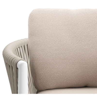 Organo tuinstoel in wit aluminium en beige verticaal geweven luxe vlakke rope met zitkussen in All Weather Sunbrella® Luxe Wander Pilat