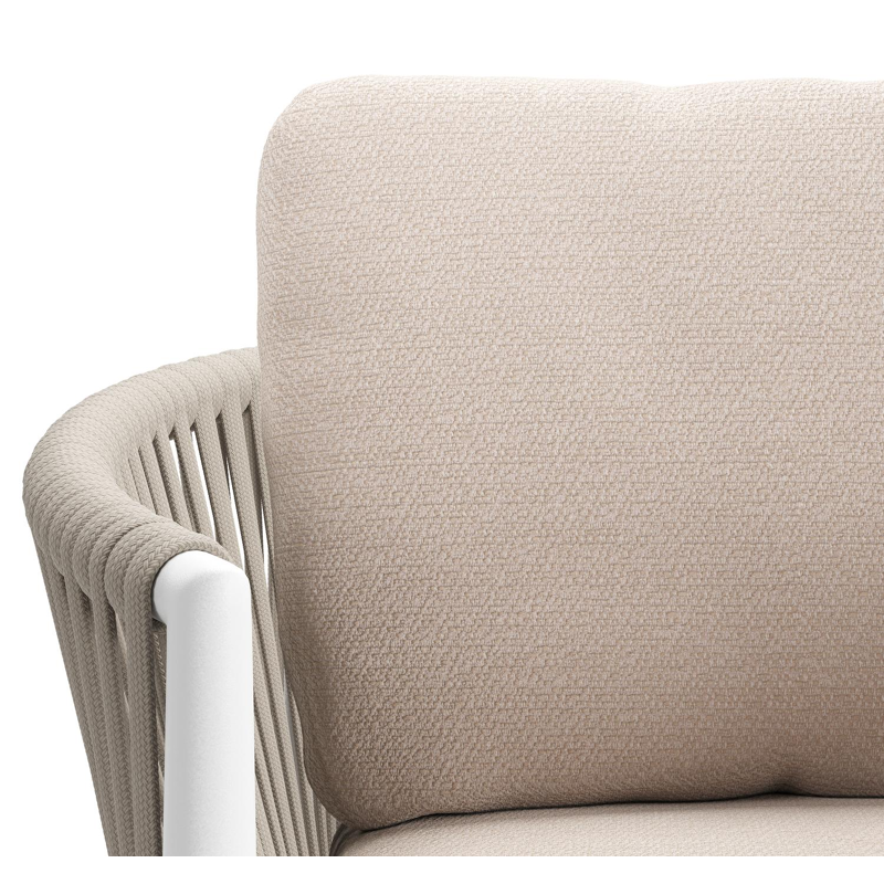 Organo tuinstoel in wit aluminium en beige verticaal geweven luxe vlakke rope met zitkussen in All Weather Sunbrella® Luxe Wander Pilat