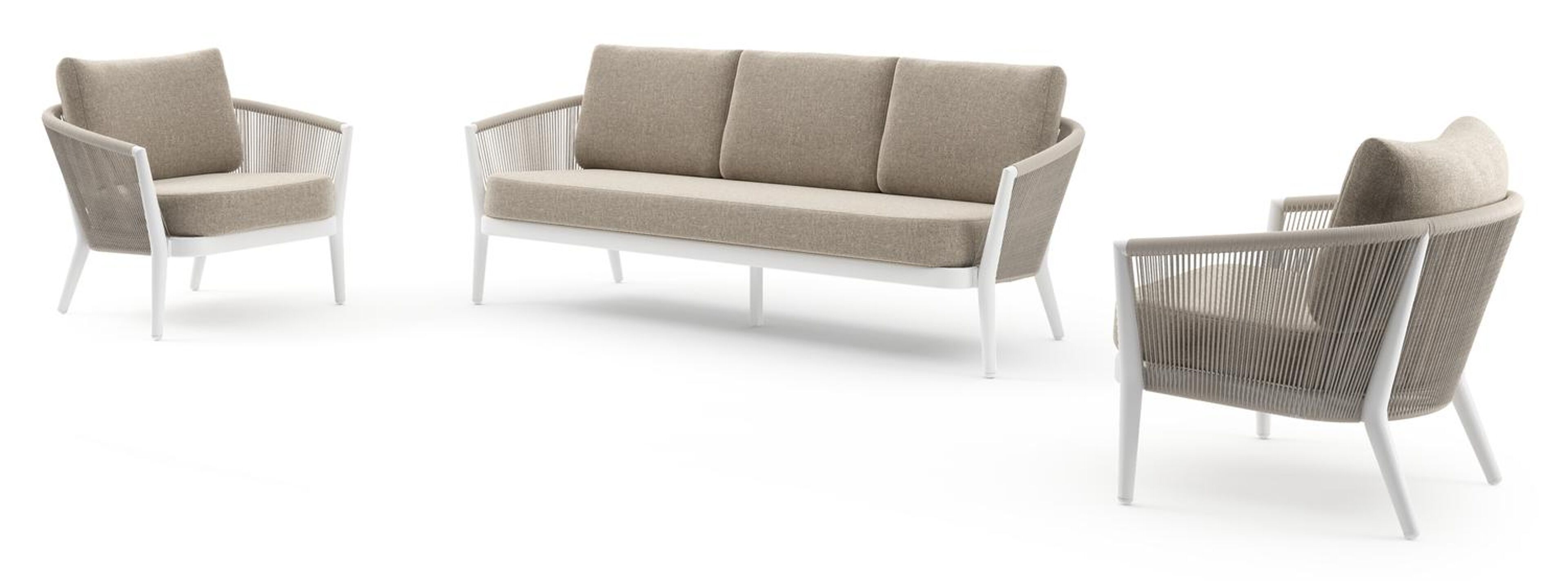 Salon de jardin Orso en aluminium blanc en corde ronde tissée verticalement beige et coussins en all weather sunbrella® luxe Chartres Pewter